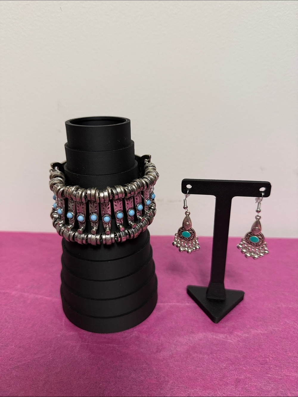 Bohemian Silver-Tone Turquoise Accent Bracelet and Earrings Set nwot